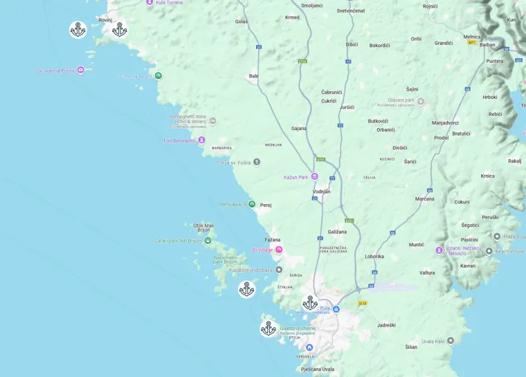 Map of boat excursion destinations on Istria’s west coast